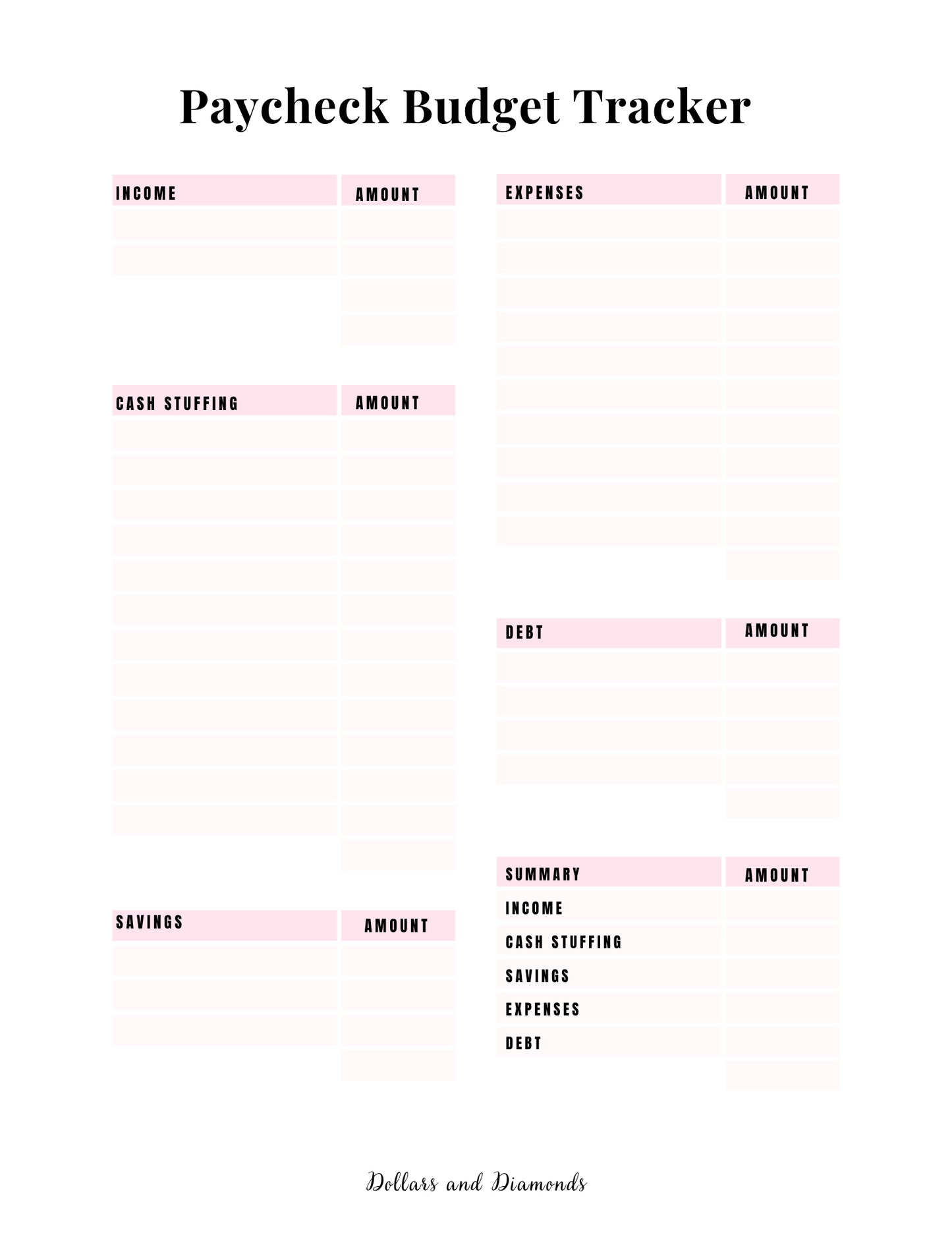 Paycheck Budget Tracker-Cash Stuffing Edition - Dollars And Diamonds