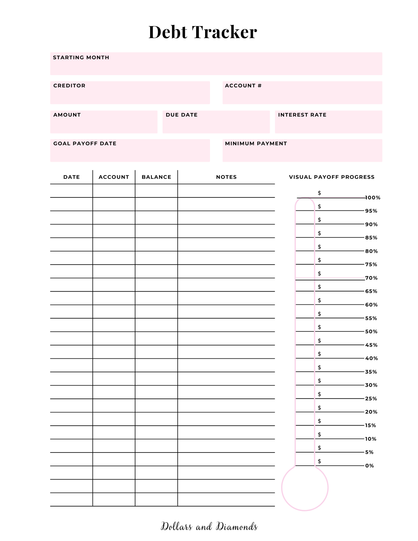Visual Debt Tracker - Dollars And Diamonds