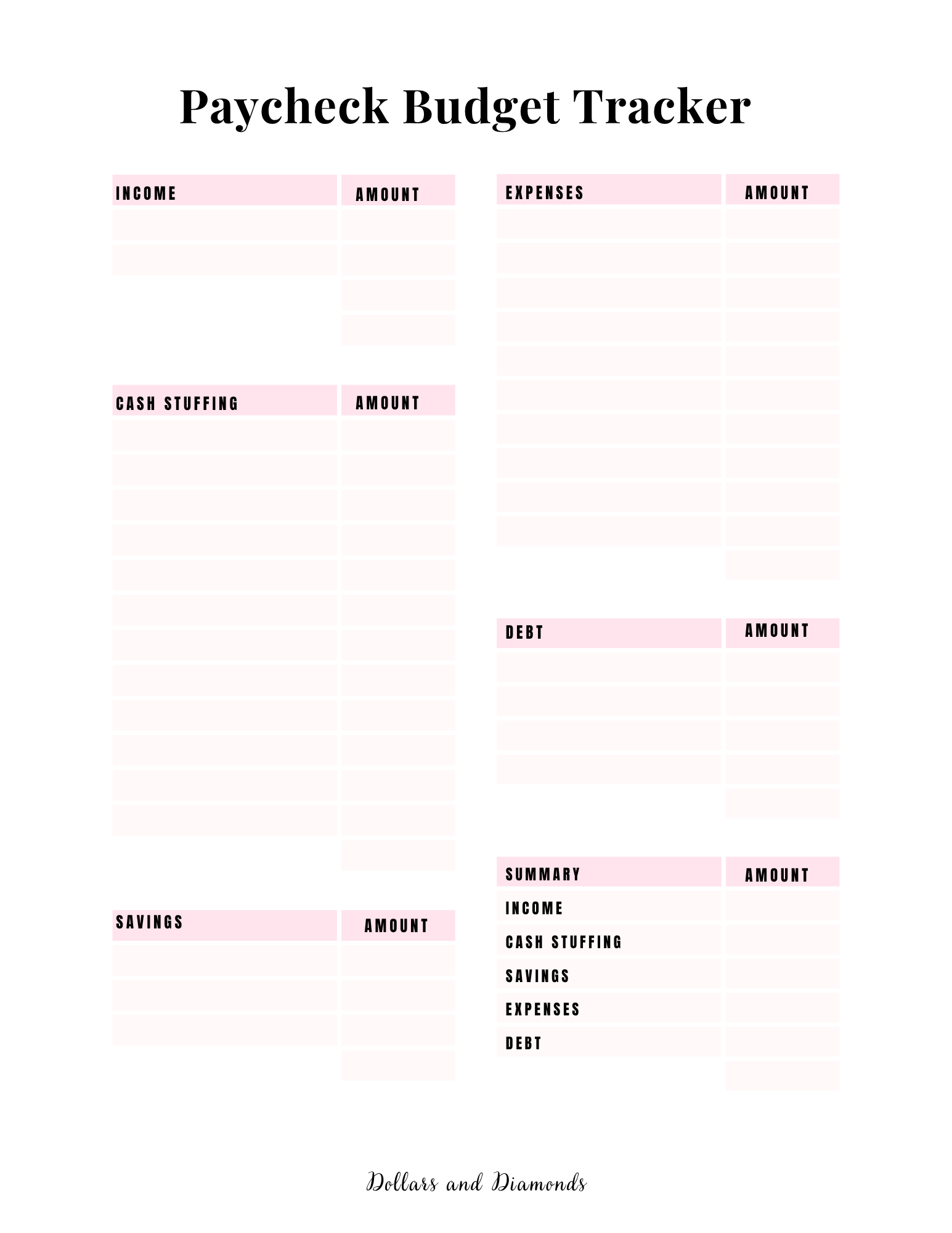 Paycheck Budget Tracker-Cash Stuffing Edition - Dollars And Diamonds
