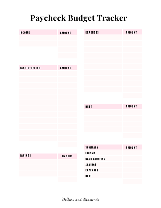 Paycheck Budget Tracker-Cash Stuffing Edition - Dollars And Diamonds