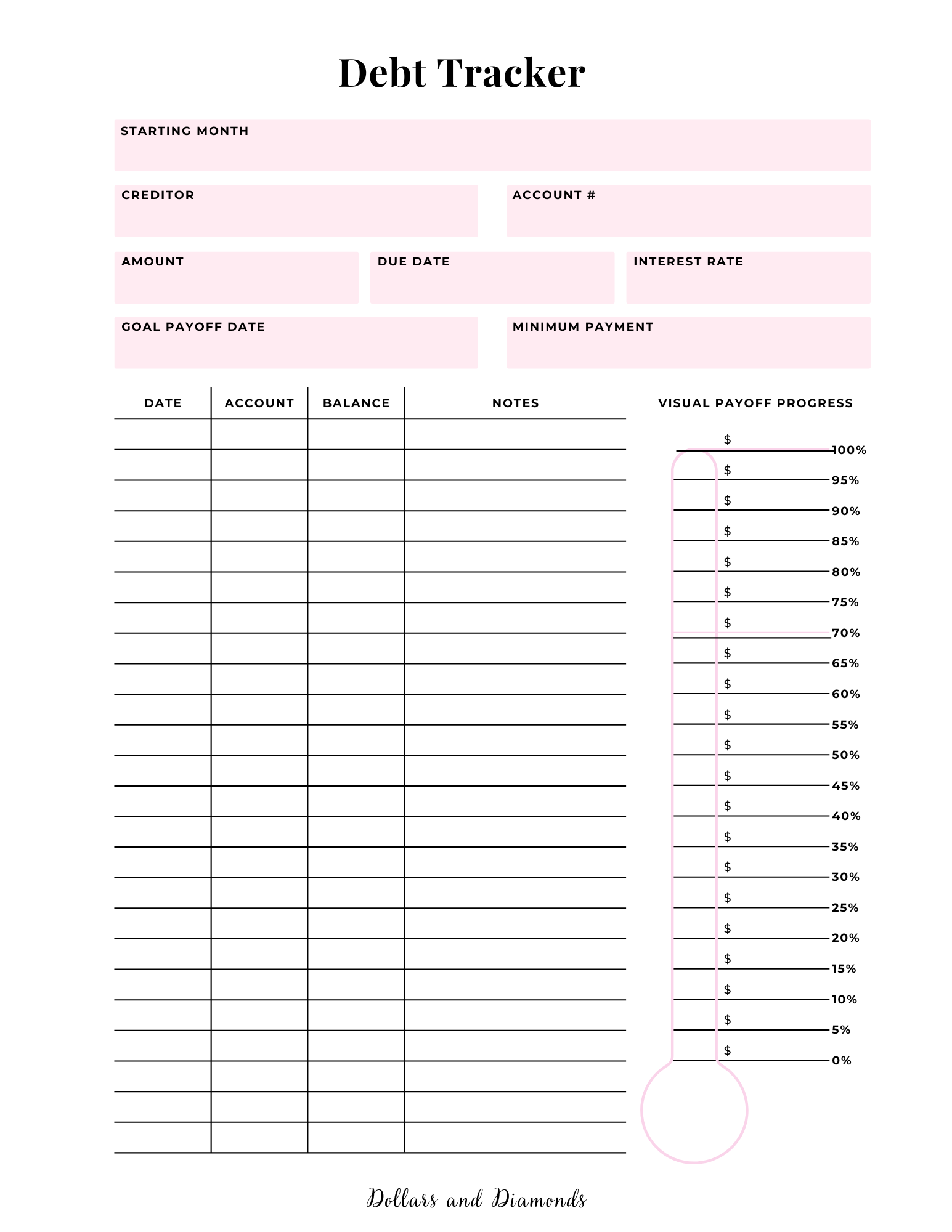 Visual Debt Tracker - Dollars And Diamonds
