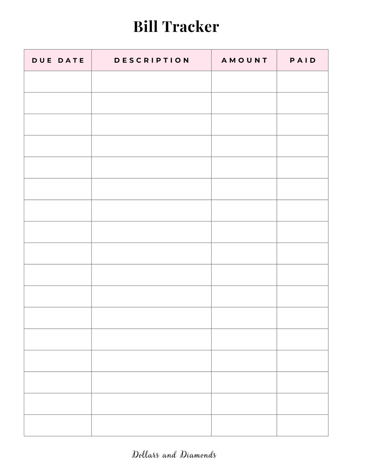 Bill Tracker - Dollars And Diamonds