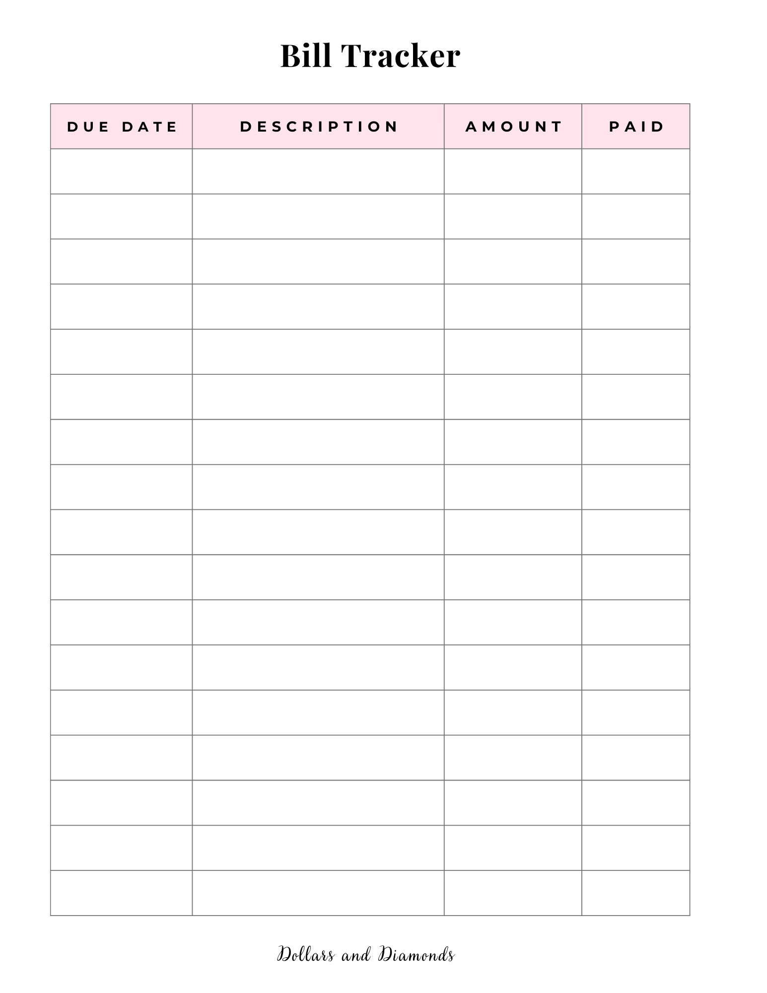 Bill Tracker - Dollars And Diamonds