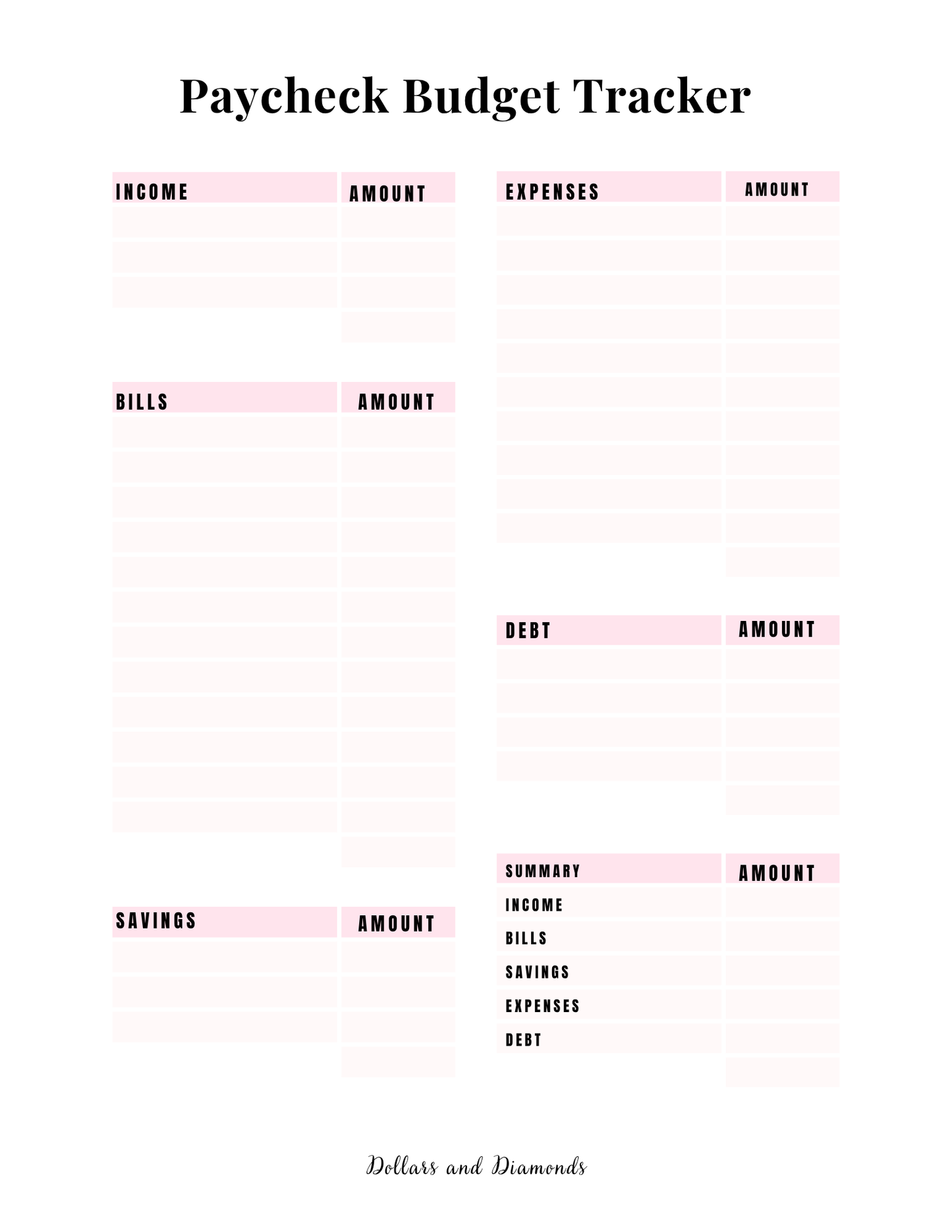 Paycheck Budget Tracker - Dollars And Diamonds