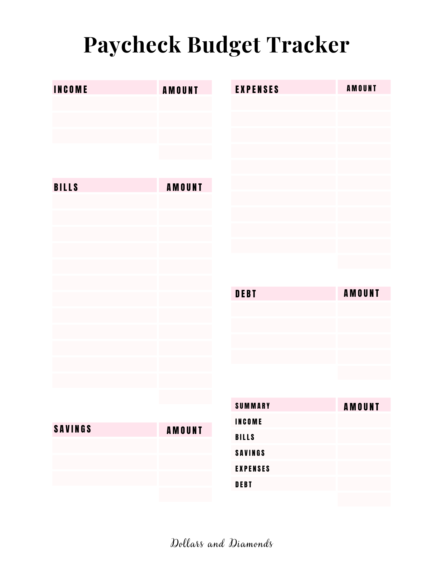 Paycheck Budget Tracker - Dollars And Diamonds
